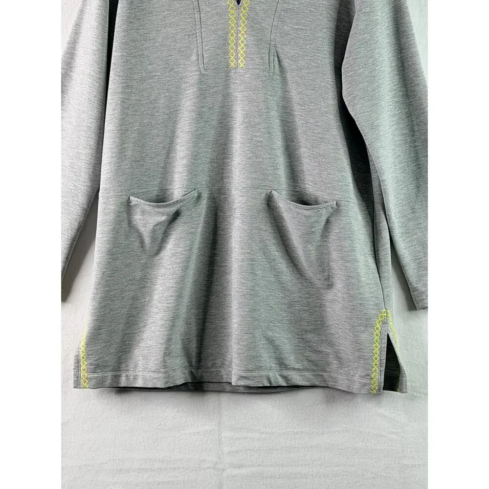 J. Jill Fit Long Sleeve Hoodie Embroidered Pullover Knit Tunic Gray Yellow Med